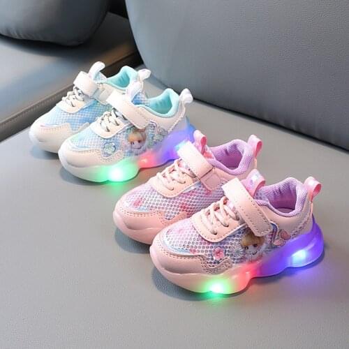Disney Children Shoes summer Girls casual sports shoes Kids LED shoes Hollow and breathable upper size 21-30 Non-slip