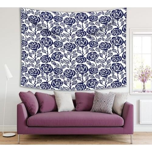 Tapestry Roses Flowers Branches Leaves Nature Themed Navy Blue and White Classic Floral Fabric Style
