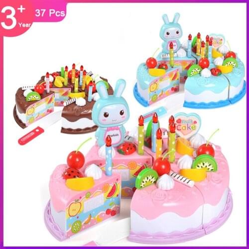 37pcs Children DIY Birthday Cake Fruit Cutting Pretend Play Toys Simulation Miniature Food Boys Girls Educational Gift