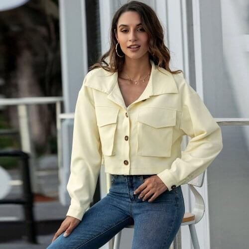 Womens OL Solid Color Lapel Button Cardigan Casual Jacket High Waist Crop Top High Street Ladies Autumn Coat Women Jacket Cloth