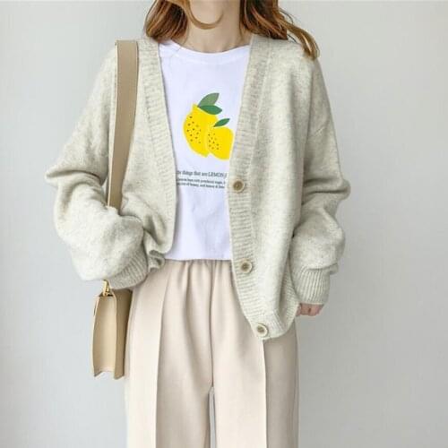 2021 Korean Style Women Loose Knitted Cardigan Sweater Fashion Autumn Long Sleeve V neck Button-up Female Knit Chic Tops