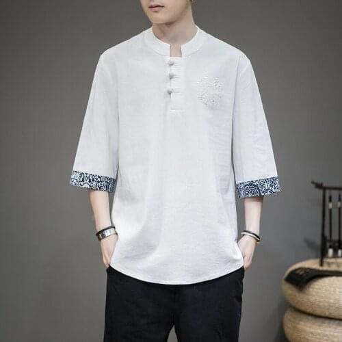 Summer Chinese Style Hanfu Men Short Sleeve Cotton T-Shirt Kung Fu Tai Chi Tee Tops Zen Tea Art Qipao Shirt Casual Blouse 30188