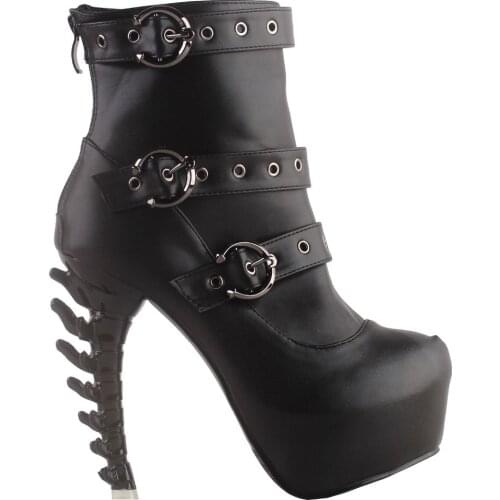 LF80674 SHOW STORY Punk Black Strappy Buckle Zip High-top Bone Platform Ankle Boots