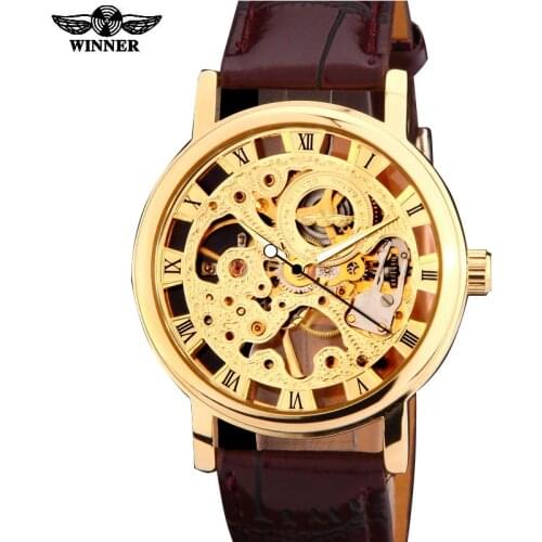 2018 winner brand silver gold tone Skeleton Hand wind Mechanical Mens men watch brown black artificial leather band thin case