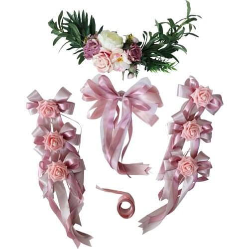 Pack of 9 Wedding Car Decor Set DIY Silk Flower Ribbon and Bow Set Limousine Car Head Mirror Door Handle Decor