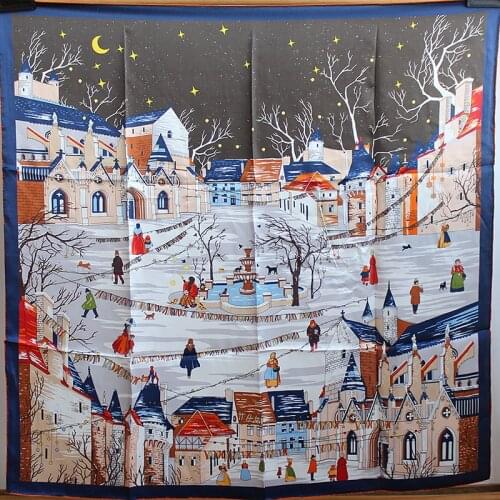 Village Printing Scarf Women 100% Silk Hand Rolled Edges Large Bandana Shawl Wrap 110*110cm