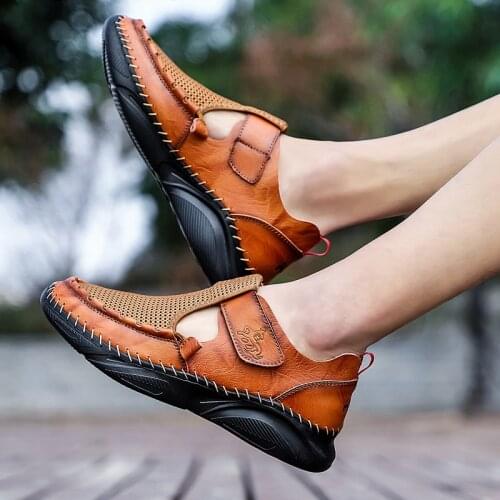 Summer Leather Mesh Mens Casual Trend Sandals Outdoor Beach Refreshing Male Sneakers Walking Soft Bottom Lightweight Shoes