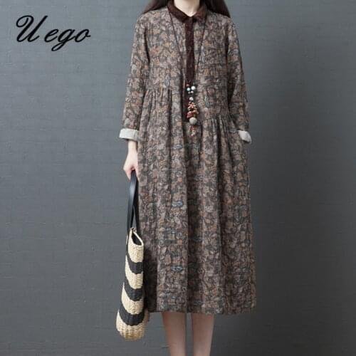 Uego Long Sleeve New Fashion Spring Dress Linen Cotton Print Floral Vintage Prairie Chic Blouse Dress Women Casual Midi Dress