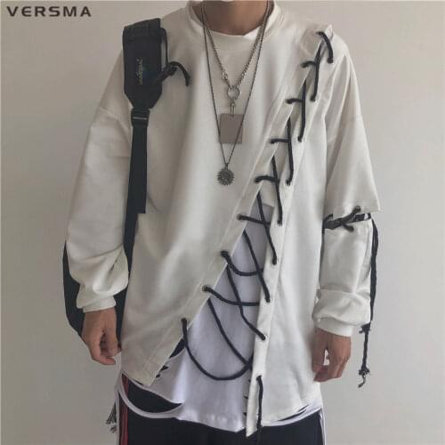 VERSMA Korean Harajuku Ribbon Patchwork Long Sleeve T-shirt Men Autumn Hip Hop Streetwear Vintage Unisex Tshirt Men Dropshipping