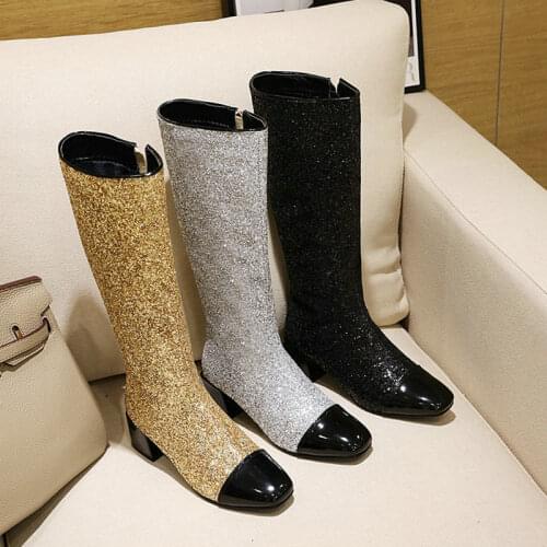 2020 Fashion Bling Women Knee High Boots Thick Heel Zipper Women Long Boots Ladies Winter Boots Black Silver Gold Big Size 43