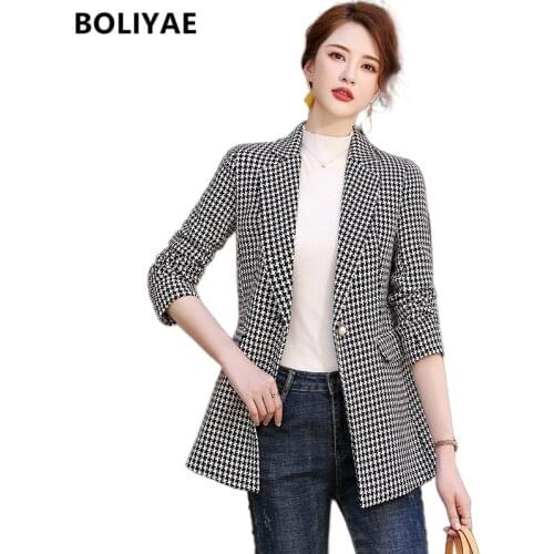 Boliyae Tweed Houndstooth Women Blazer Autumn And Winter New Fashion 2021 Designer Long Sleeve Jacke Female Coat Office Tops