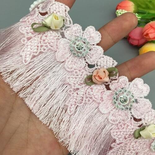 20X Diamond Rhinestones 3D Flower Pink Fringe Tassel Lace Trim Ribbon Fabric Embroidered Sewing Craft Wedding Dress Clothes Hat