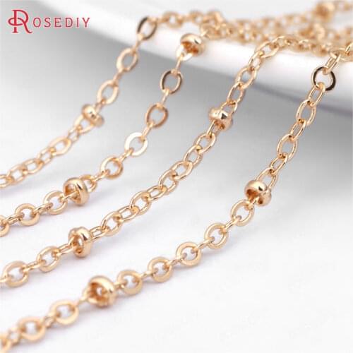 31193)2 meters width 2MM 24K Champagne Gold Color Plated Copper Flat O Shape chain with Station Beads Necklace Chains