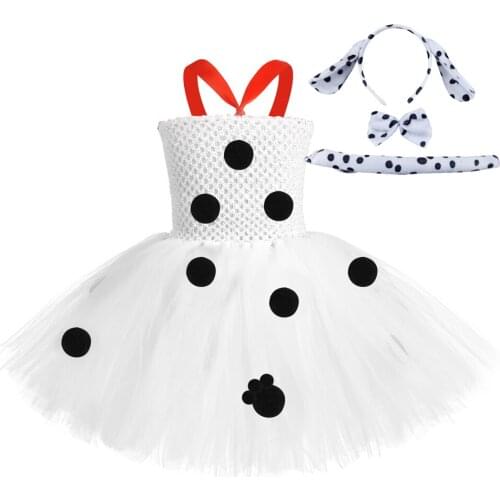 White Spotty Dog Children Dresses Girls Tutu Dress Set with Headband Animal Kids Halloween Costumes CuteToddler Birthday Outfits
