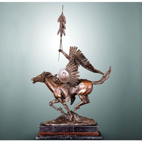 Large Indian Chief Ridding Horse Bronze Sculpture Classical Male Statue Art Marble Base Home Office Decor