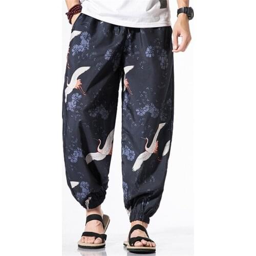 Fashion Japanese Style Man Crane Print Wide Leg Pants Harajuku Ukiyo-e Summer Harem Trousers Asian Kimono Yukata for Male