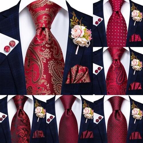 Hi-Tie Mens Ties Red Burgundy Paisley Silk Wedding Tie For Men Hanky Cufflinks Brooches Set Fashion Bussiness Party Dropshipping