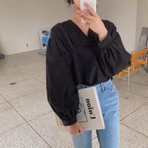 Kili Korean Style Retro Simple Style Lantern Sleeve V-Neck Shirt One Size