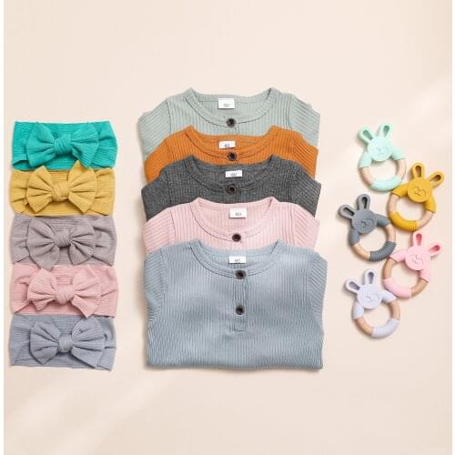 3 Pcs/Set Newborn Baby Cotton Knitted Ribbed Long Sleeve Jumpsuit Headband Food Grade Silicone Teether Set Toddler Outfits
