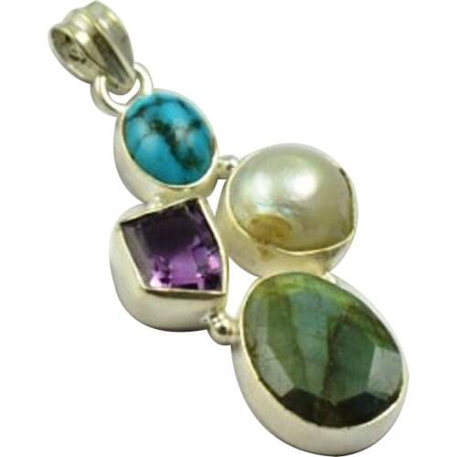Lovegem Nature Labradorite & Pearl & Turquoise Pendant 925 Sterling Silver , 46.9 mm, MHBAP4608