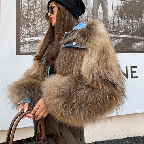 Rf20138 Womens Short Style Knitted Real Raccoon Fur Jacket with Jeans Collar Long Sleeve