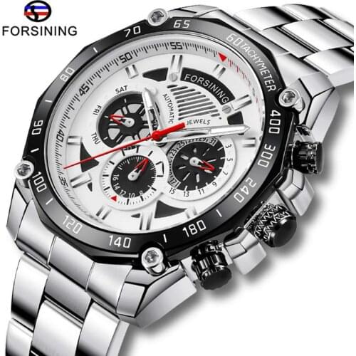 Fashion Brand Forsining Automatic Men Watch Silver Stainless steel Skeleton Business Mechanical Wristwatch Relogio Masculino