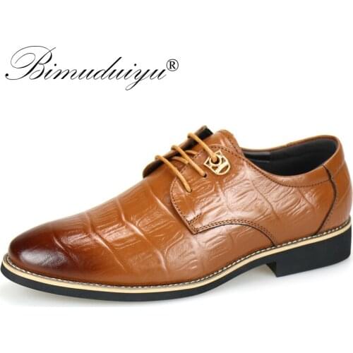 BIMUDUIYU Mens Formal Shoes Genuine Leather Oxford Shoes For Man Fashion Pointy Wedding Shoes Male Breathable Business Oxfords