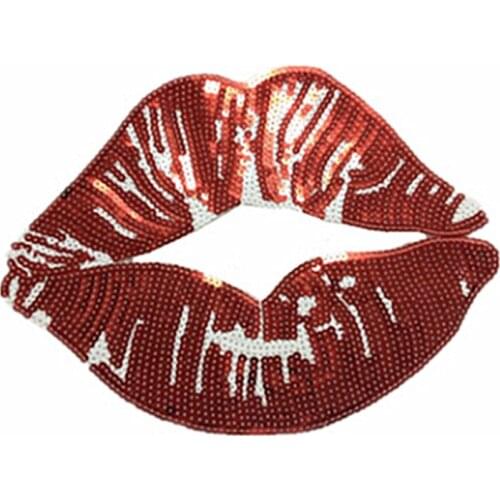 Punk Street Large Red Lips Patches Mouth Applique Sequins Embroidered Bling-Bling Patches for Garment DIY Accessory
