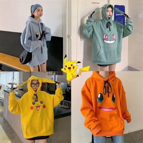 Pokemon Pikachu Anime Cartoon 2021 New Women Girl Fleece Hoodies Casual Oversized Sweatshirts Plus Velvet Loose Autumn Spring