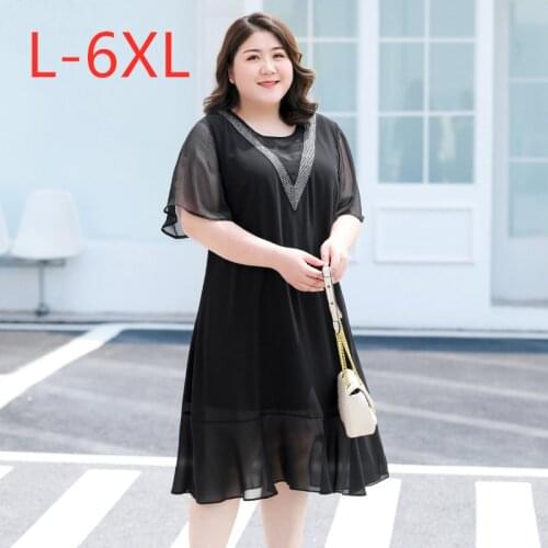 New 2021 summer Korea plus size long dress for women loose casual short sleeve black ruffle chiffon dresses 3XL 4XL 5XL 6XL