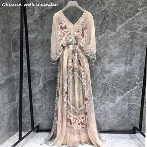 Obsessed with lavender. New fashion loose high-end silk printed dress holiday temperament dress silk