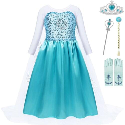 Girls Elsa Dresses Carnival Party Long Gown Cloak Children Birthday Pageant Cosplay Mesh Crystal Dress Snow Queen Elsa Costume