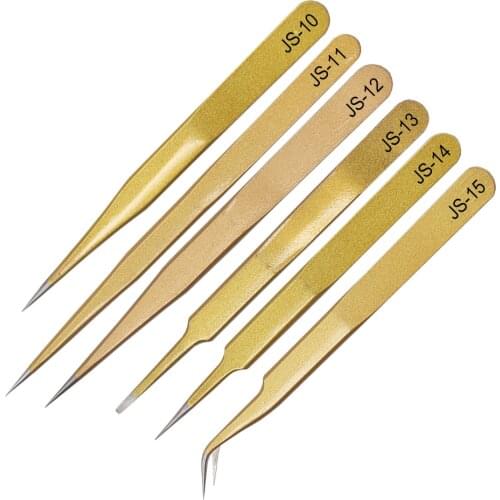 Gold JS 10/11/12/13/14/15 Steel Eyelash Industrial Precision Curved Straight Tweezer electronic repair soldering iron tool