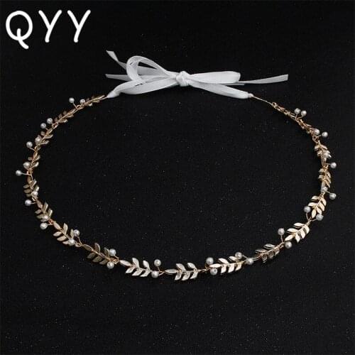 QYY Fashine Leaves Alloy Pearls Vine Wedding Headband Hair Jewelry Headpieces Bridal Hair Accessories Tiara for Women