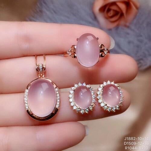 The best gift for engagement Natural Rose Quartz jewelry set Rose Quartz 925 sterling silver 1pc pendant,1pc ring,2pcs Earring
