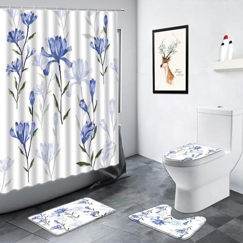 Blue Flowers Shower Curtain Hand Painted Art Floral Plant Simple Home Decor Bathroom Non-slip Carpet Toilet Cover Bath Mats Set