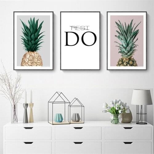 Nordic Pineapple Green Plant Leaf And Black Motto Black Letters Canvas Painting Wall Pictures Poster Living Club Room Decoration