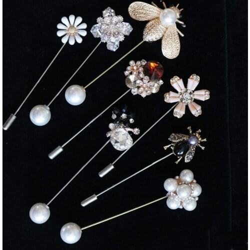 Rhinestone Pearl Flower Bee Insect Brooches Long Needle Coat Cardigan Sweater Lapel Pins Accessories Jewelry Luxury Scarf Buckle