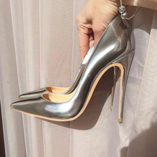 Sexy Silver Patent Leather Stiletto Heels Pointed toe Pumps Slip-on Shallow Celebrating Shoes 12cm 10cm 8cm Plus Size 13