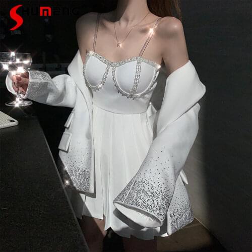 High-Grade White Dress Suit 2021 Autumn New Elegant Rhinestone Long Sleeve Blazer Jacket Suspender Dresses Suit Two-Piece Set