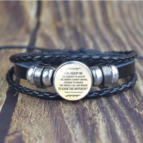 Serenity Prayer Quote Bracelet , Handcreafted Glass Cabochon Black Leather Bracelet Braided Fashion Jewelry Friends Gift