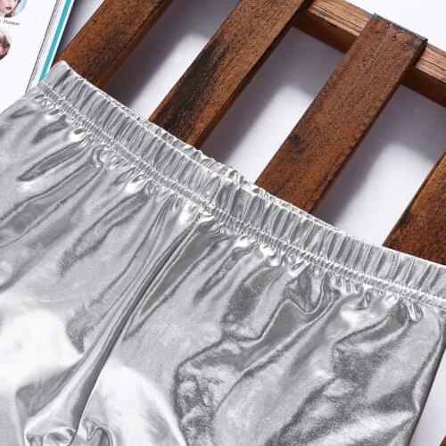 Women Shiny Silver Gold Leggings High-Waisted Faux Leather Stretch Pencil Pants F2TC