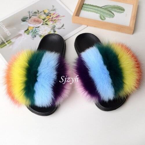 Womens Winter Casual Fur Slippers Indoor Warm Home Flip Flops Outdoor Furry Sandals Ladie Fox Fur Slides Childrens Plush Shoes