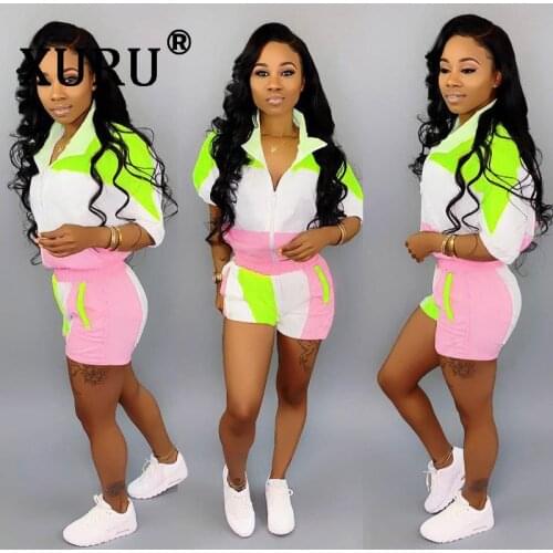 XURU new womens casual jumpsuit two-piece collar collar color mosaic piece shorts suit