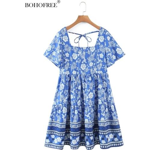Summer Bohemian Retro Printed Holiday Dress Woman Square Collar Loose Short Sleeves Hit Color To Reduce Age Vestido