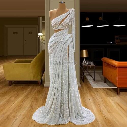 White Elegant Sheath Evening Dress Floor-Length Beaded Sequined Prom Dress Robe De Soiree Aibye Formal Dress Vestido de festa