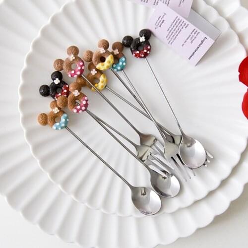1pcs Stainless Steel Mickey Doughnut fork Spoon Ice cream coffee stirring spoon Dinner Cartoon Teaspoon Kitchen Supplies Desser