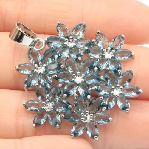 38x35mm Beautiful Flowers Shape Created London Blue Topaz Gift For Sister Silver Pendant