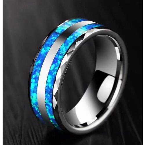 4/8MM Mens Fashion Silver Color Stainless Steel Ring Double Polished Groove Blue Opal Inlay Wedding Engagement Ring for Women