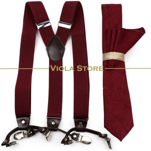 6 Clips 3.5cm Width Wide Men Suspender 7cm Velvet Neckie Hankie Sets Solid Brace Navy Red Luxury Strap Male Gift Accessory Top